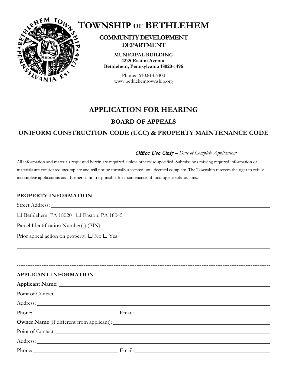 Bethlehem Township, Pennsylvania Board of Appeals Application for