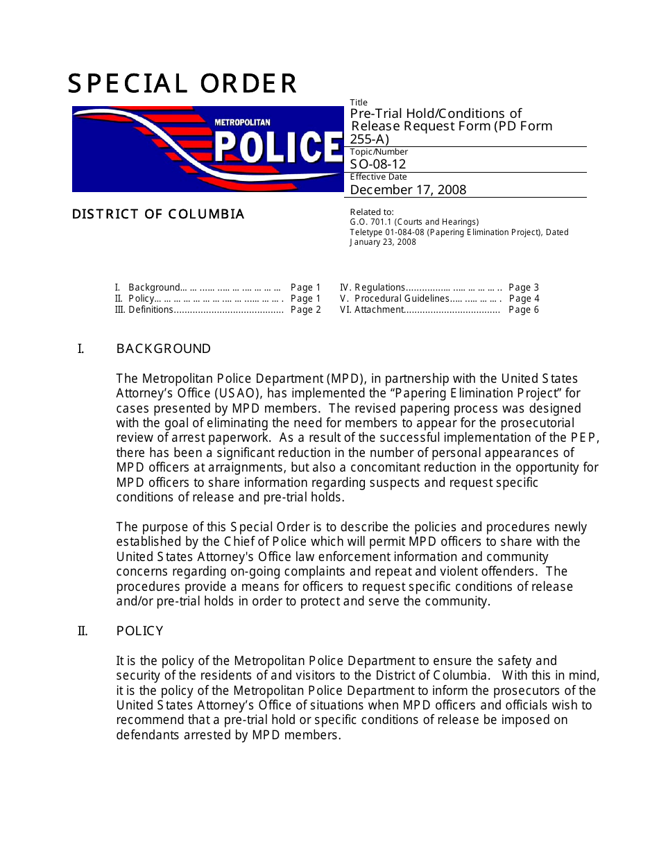 PD Form 255-A Pre-trial Hold / Conditions of Release Request Form - Washington, D.C., Page 1