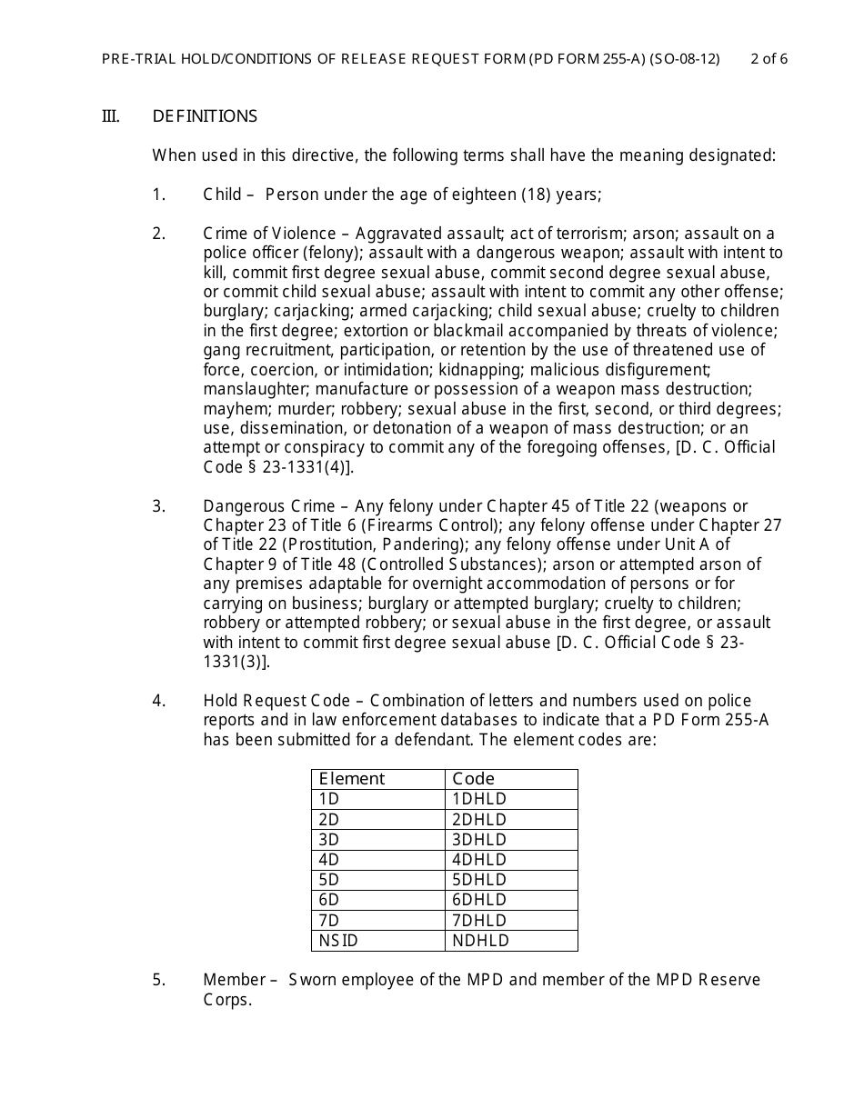 PD Form 255-A Pre-trial Hold / Conditions of Release Request Form - Washington, D.C., Page 2