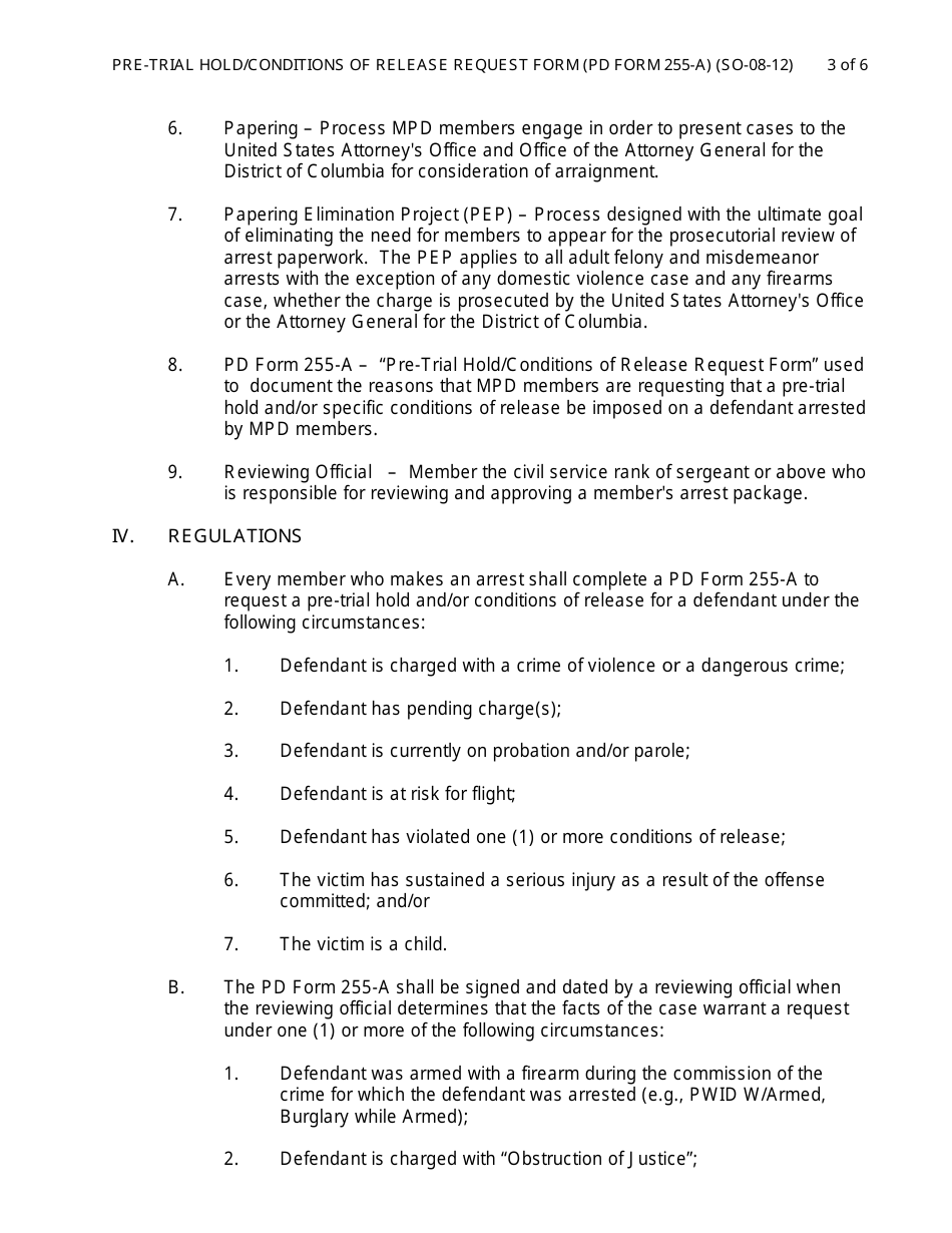 PD Form 255-A Pre-trial Hold / Conditions of Release Request Form - Washington, D.C., Page 3