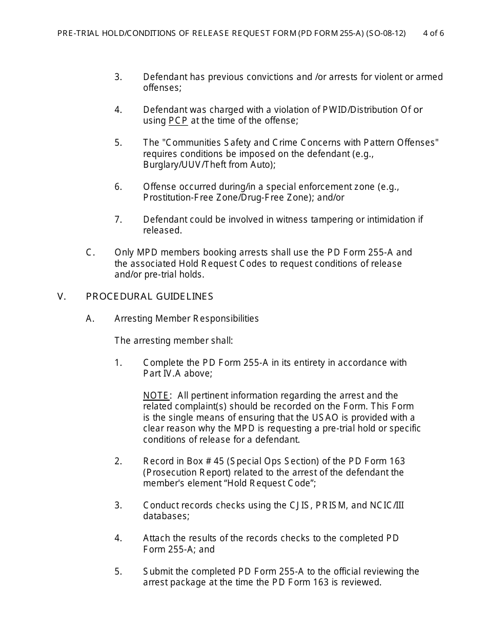 PD Form 255-A Pre-trial Hold / Conditions of Release Request Form - Washington, D.C., Page 4