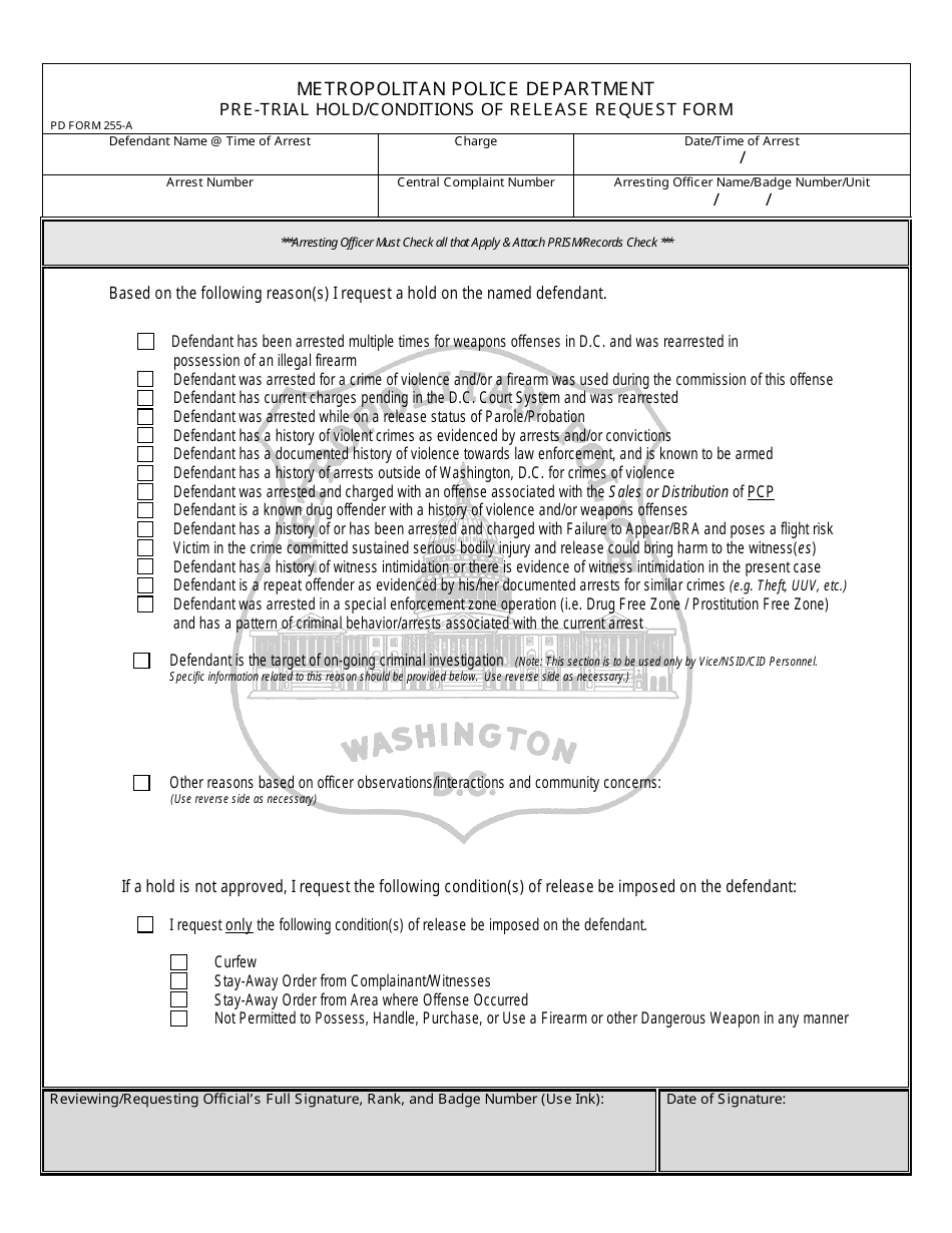 PD Form 255-A Pre-trial Hold / Conditions of Release Request Form - Washington, D.C., Page 7