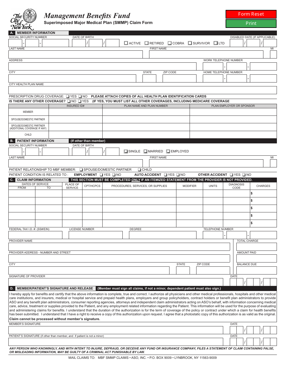 Superimposed Major Medical Plan (Smmp) Claim Form - New York City, Page 1