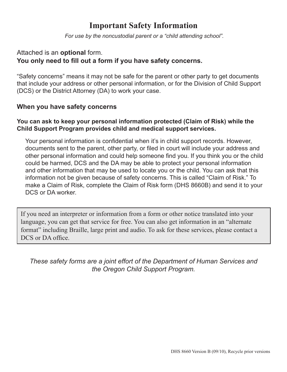 Form DHS8660B Claim of Risk - for Use by the Noncustodial Parent or a child Attending School - Oregon, Page 1