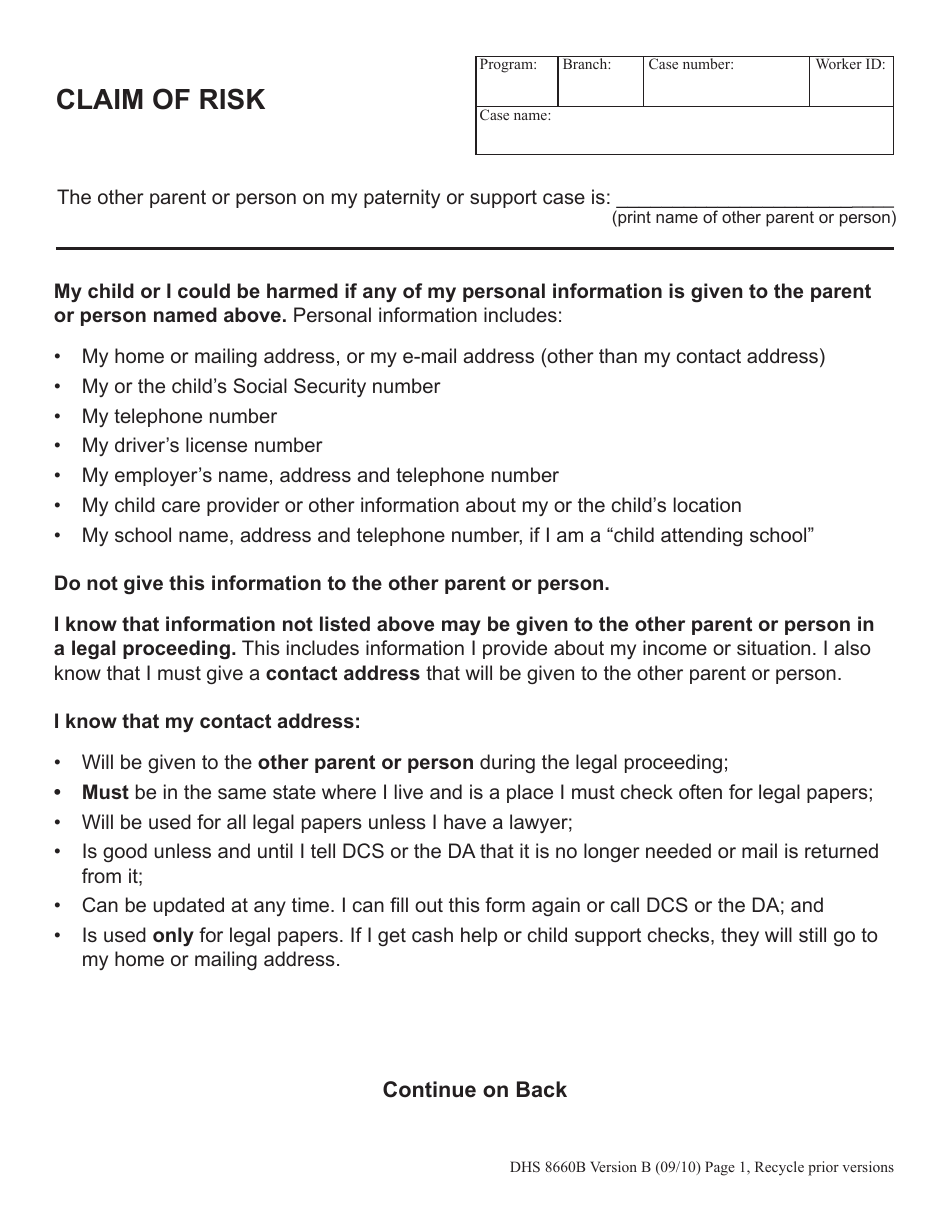 Form DHS8660B Claim of Risk - for Use by the Noncustodial Parent or a child Attending School - Oregon, Page 2