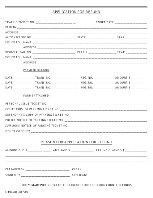 Form 366-005 Application for Refund - Cook County, Illinois