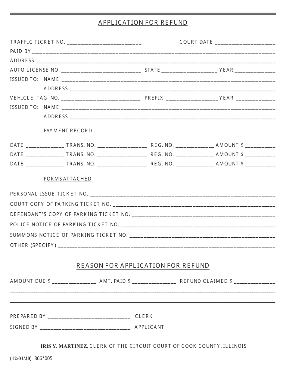 Form 366-005 Application for Refund - Cook County, Illinois, Page 1