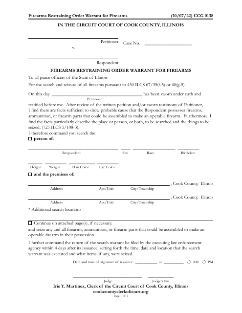 Form CCG0138 Firearms Restraining Order Warrant for Firearms - Cook County, Illinois