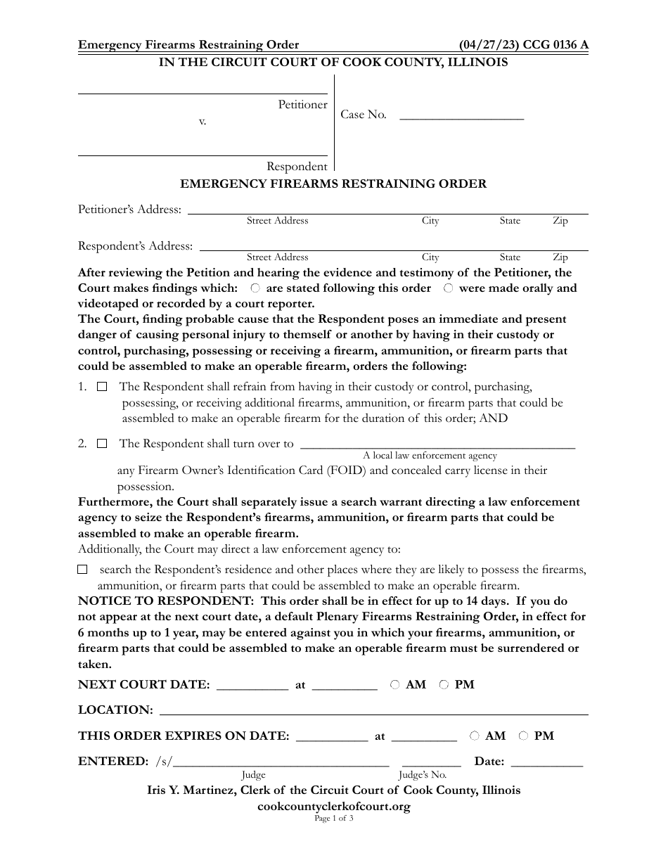 Form CCG0136 Emergency Firearms Restraining Order - Cook County, Illinois, Page 1