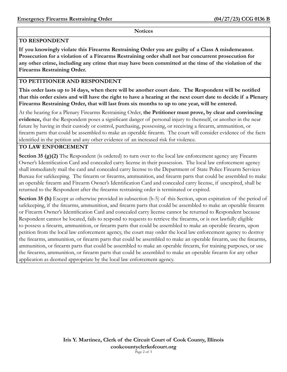 Form CCG0136 Emergency Firearms Restraining Order - Cook County, Illinois, Page 2