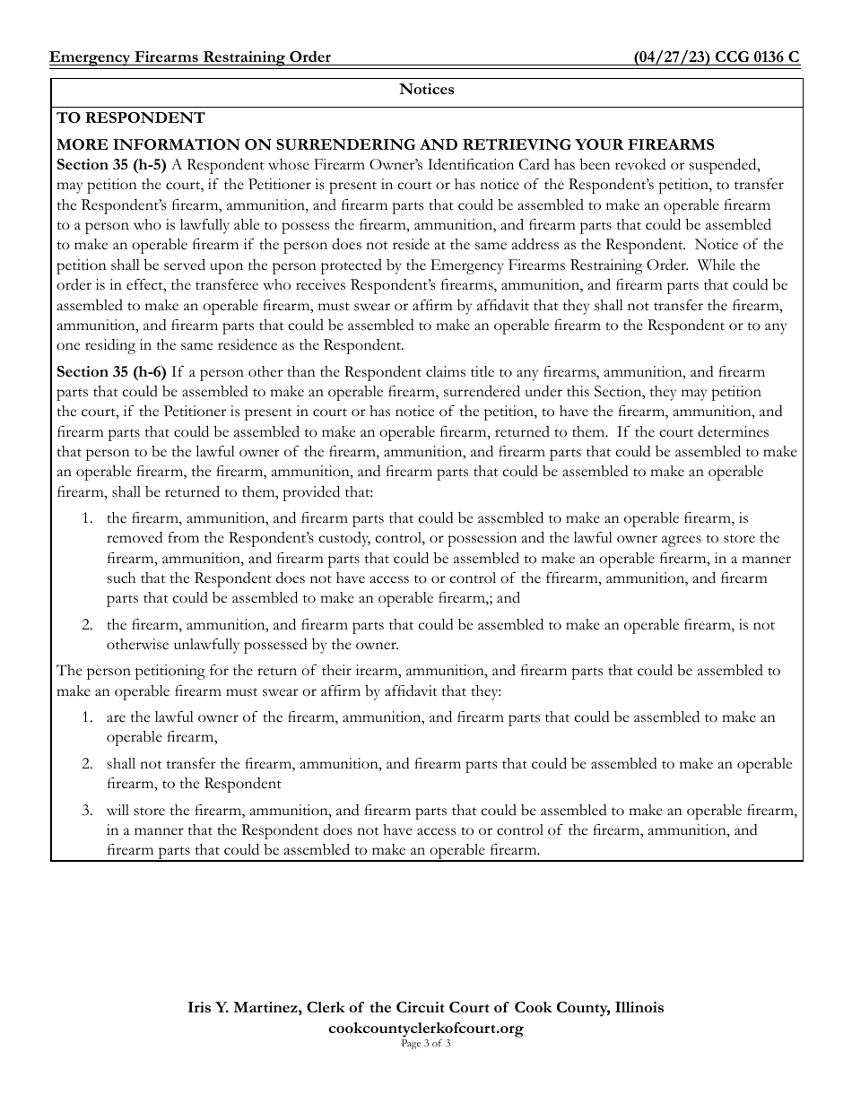 Form CCG0136 Emergency Firearms Restraining Order - Cook County, Illinois, Page 3