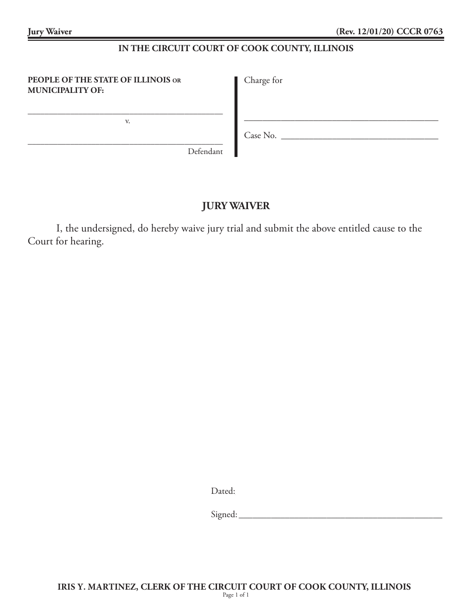 Form CCCR0763 Jury Waiver - Cook County, Illinois, Page 1