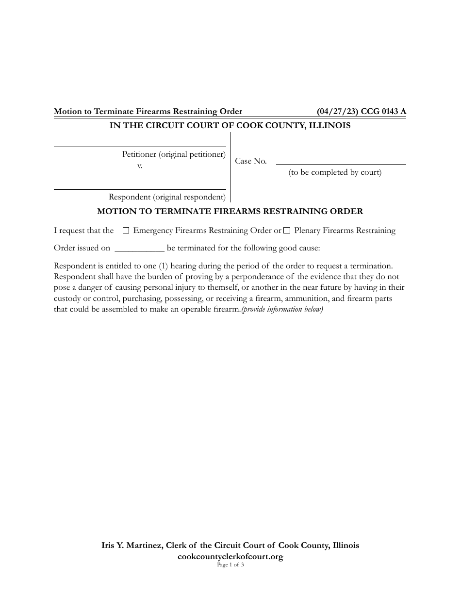 Form CCG0143 Motion to Terminate Firearms Restraining Order - Cook County, Illinois, Page 1