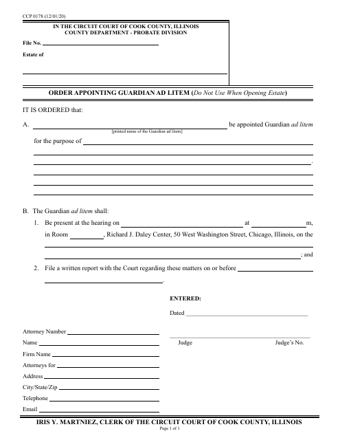 Form CCP0178 Order Appointing Gurardian Ad Litem - Cook County, Illinois