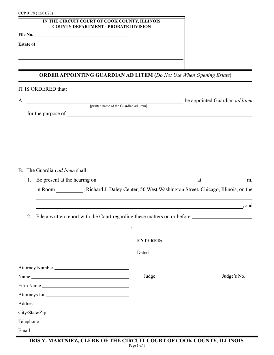 Form CCP0178 Order Appointing Gurardian Ad Litem - Cook County, Illinois, Page 1