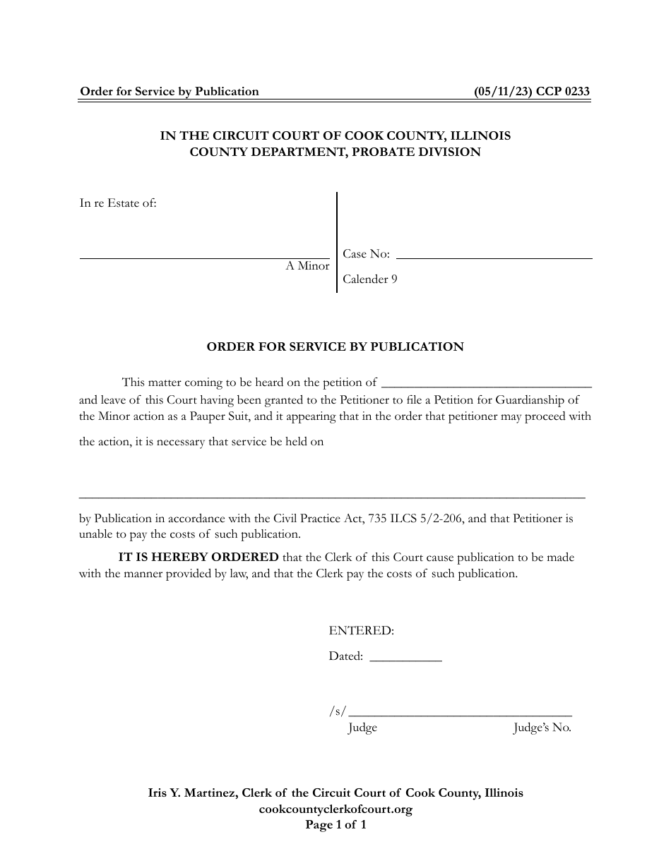 Form CCP0233 Order for Service by Publication - Cook County, Illinois, Page 1