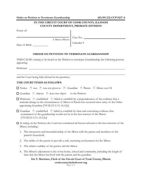 Form CCP0237 Order on Petition to Terminate Guardianship - Cook County, Illinois