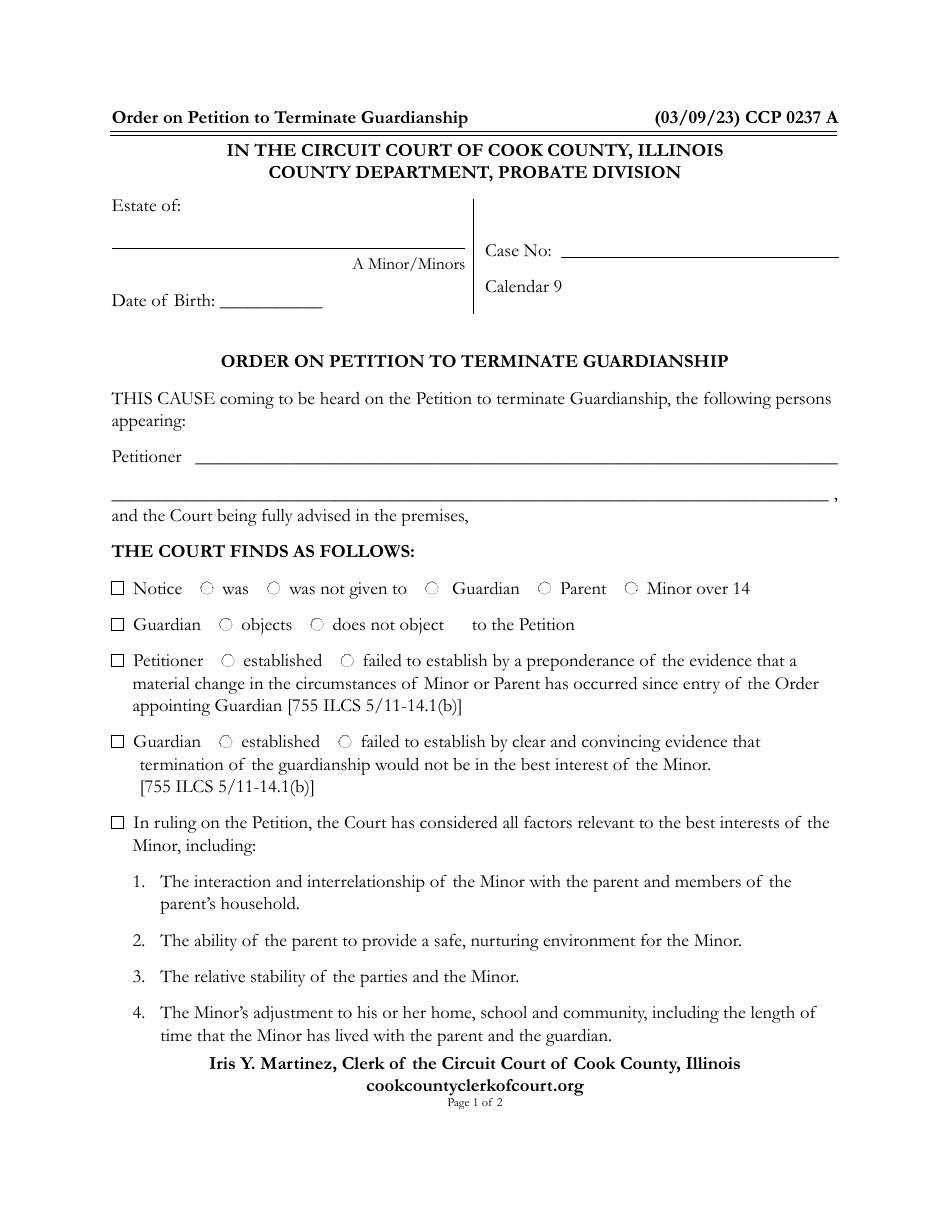 Form CCP0237 Order on Petition to Terminate Guardianship - Cook County, Illinois, Page 1