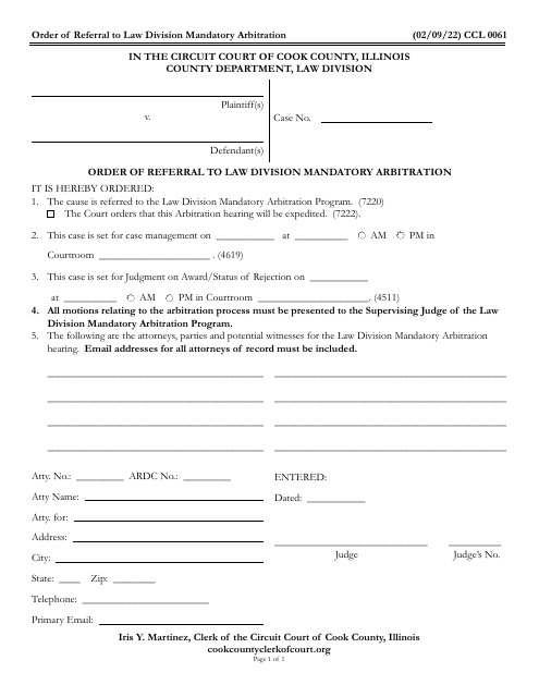 Form CCL0061 Order of Referral to Law Division Mandatory Arbitration - Cook County, Illinois