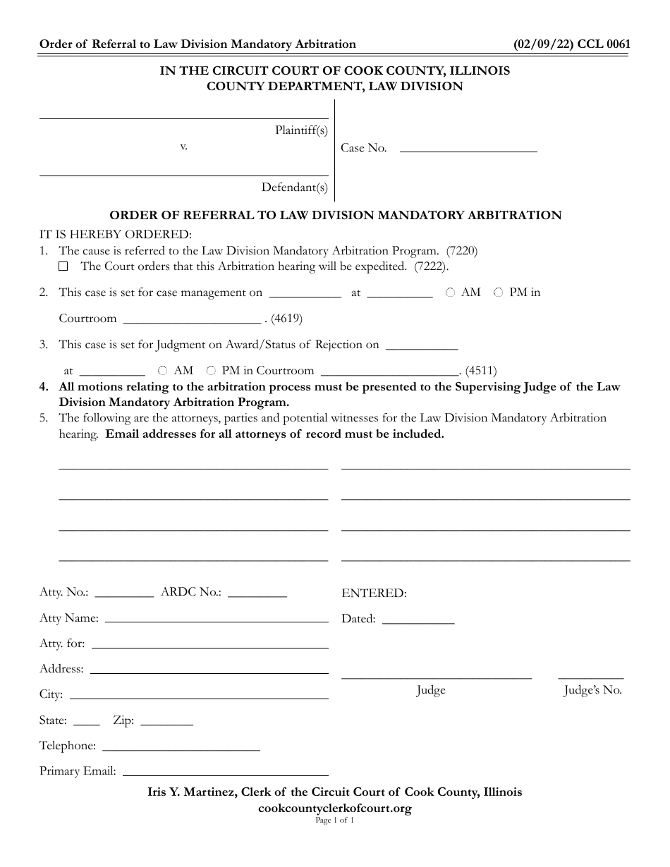 Form CCL0061 Order of Referral to Law Division Mandatory Arbitration - Cook County, Illinois, Page 1