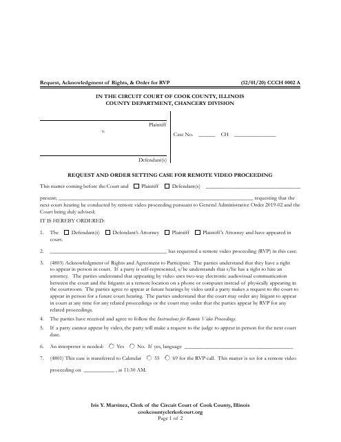 Form CCCH0002 Request and Order Setting Case for Remote Video Proceeding - Cook County, Illinois