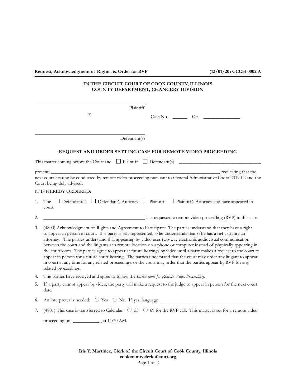 Form CCCH0002 Request and Order Setting Case for Remote Video Proceeding - Cook County, Illinois, Page 1