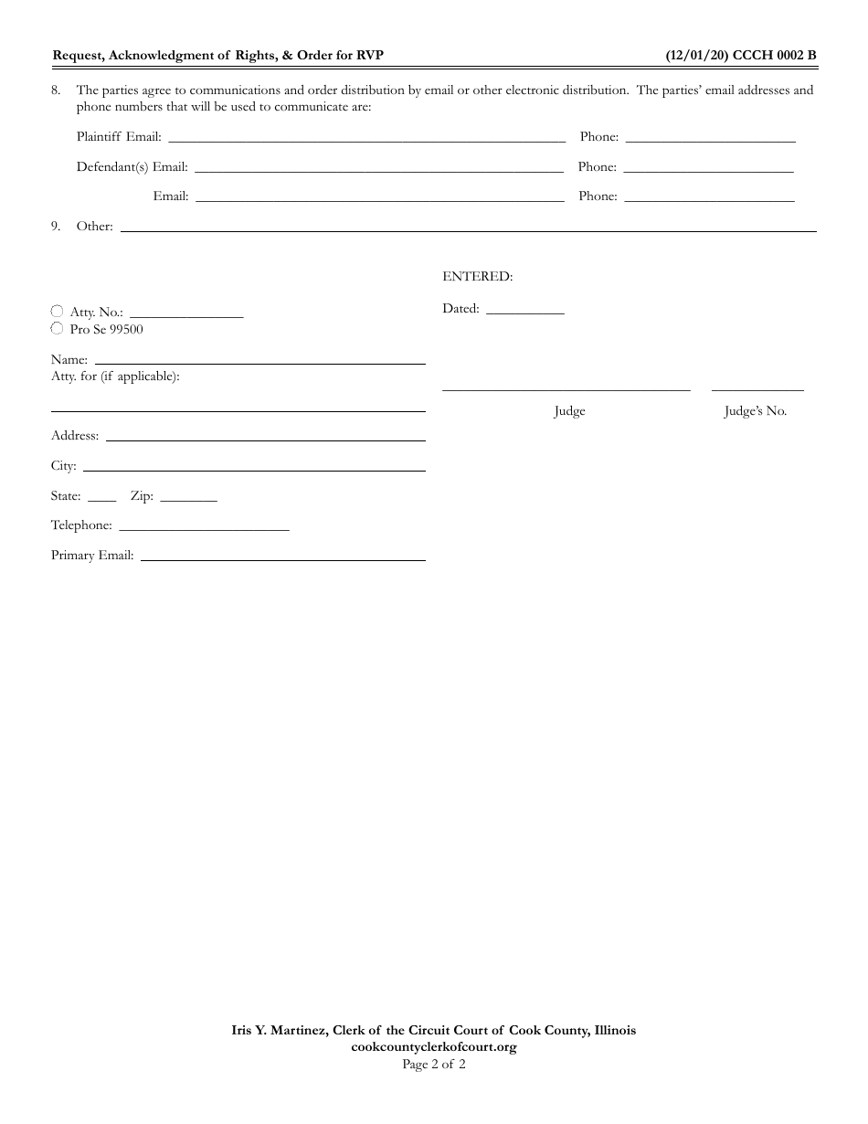 Form CCCH0002 Request and Order Setting Case for Remote Video Proceeding - Cook County, Illinois, Page 2