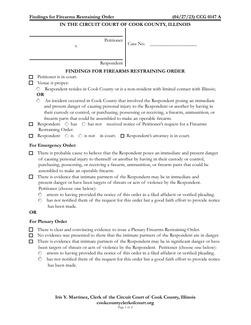 Form CCG0147 Findings for Firearms Restraining Order - Cook County, Illinois