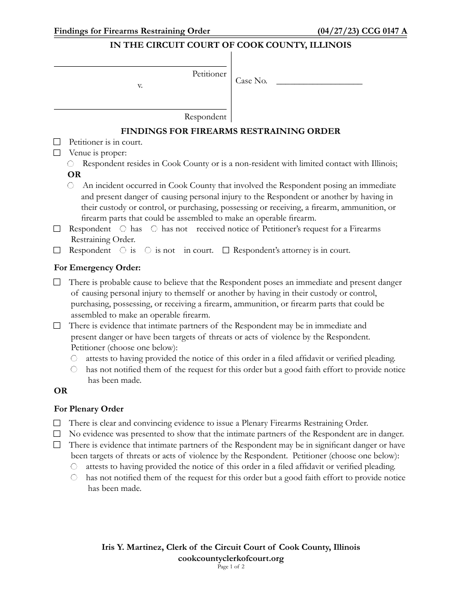Form CCG0147 Findings for Firearms Restraining Order - Cook County, Illinois, Page 1