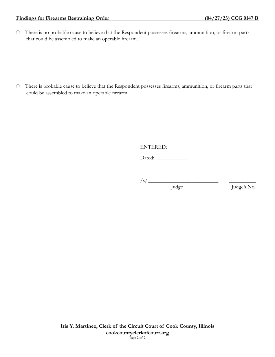 Form CCG0147 Findings for Firearms Restraining Order - Cook County, Illinois, Page 2