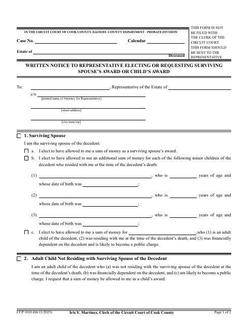 Form CCP1010 Written Notice to Representative Electing or Requesting Surviving Spouse's Award or Child's Award - Cook County, Illinois