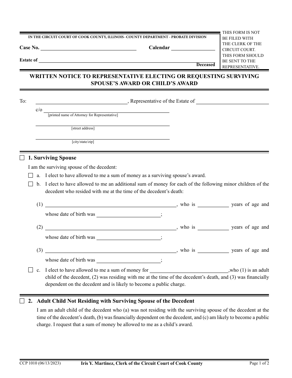 Form CCP1010 Written Notice to Representative Electing or Requesting Surviving Spouses Award or Childs Award - Cook County, Illinois, Page 1