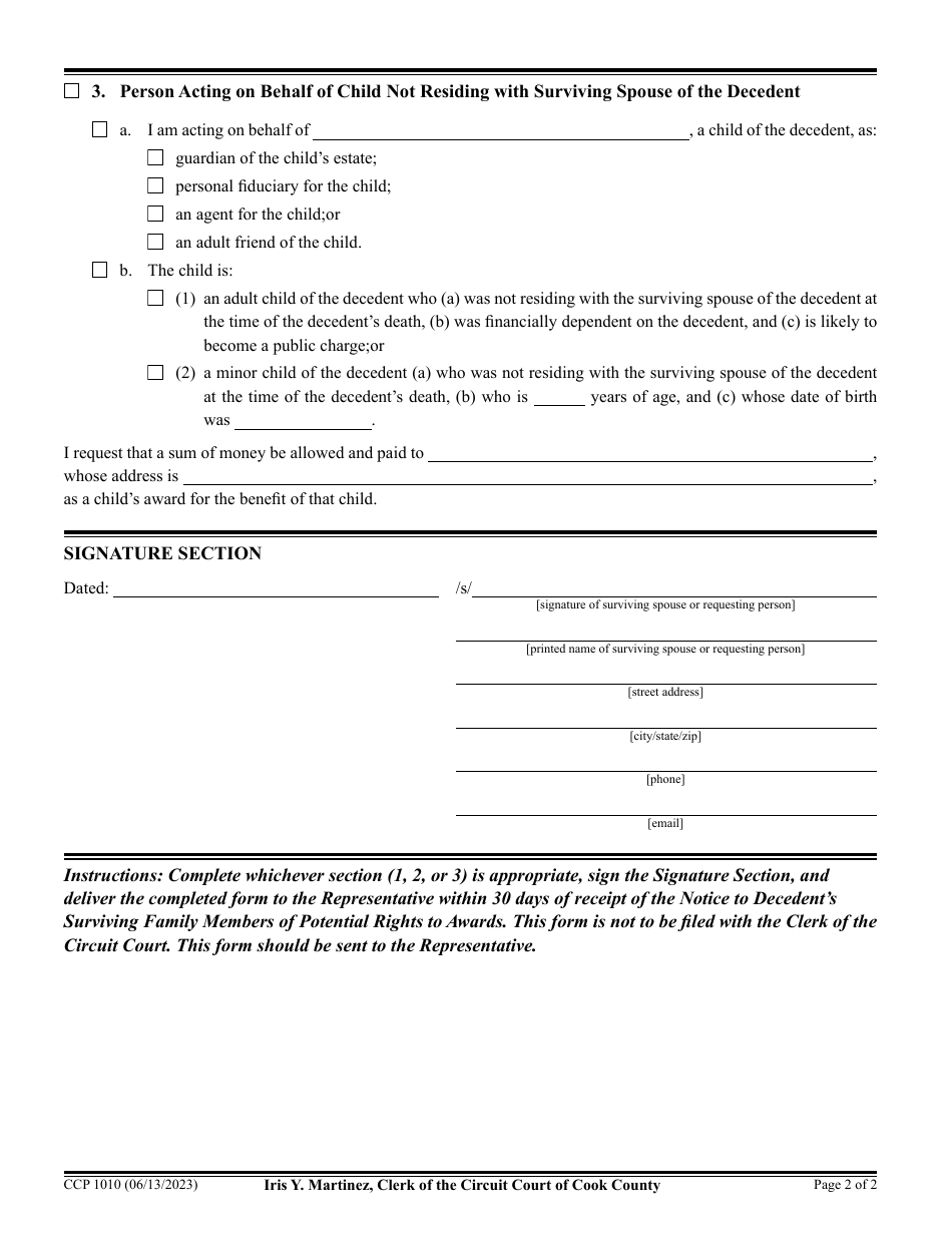 Form CCP1010 Written Notice to Representative Electing or Requesting Surviving Spouses Award or Childs Award - Cook County, Illinois, Page 2