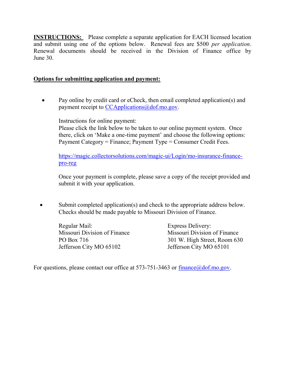 Renewal Application for Premium Finance Company Certificate of Registration - Missouri, Page 1