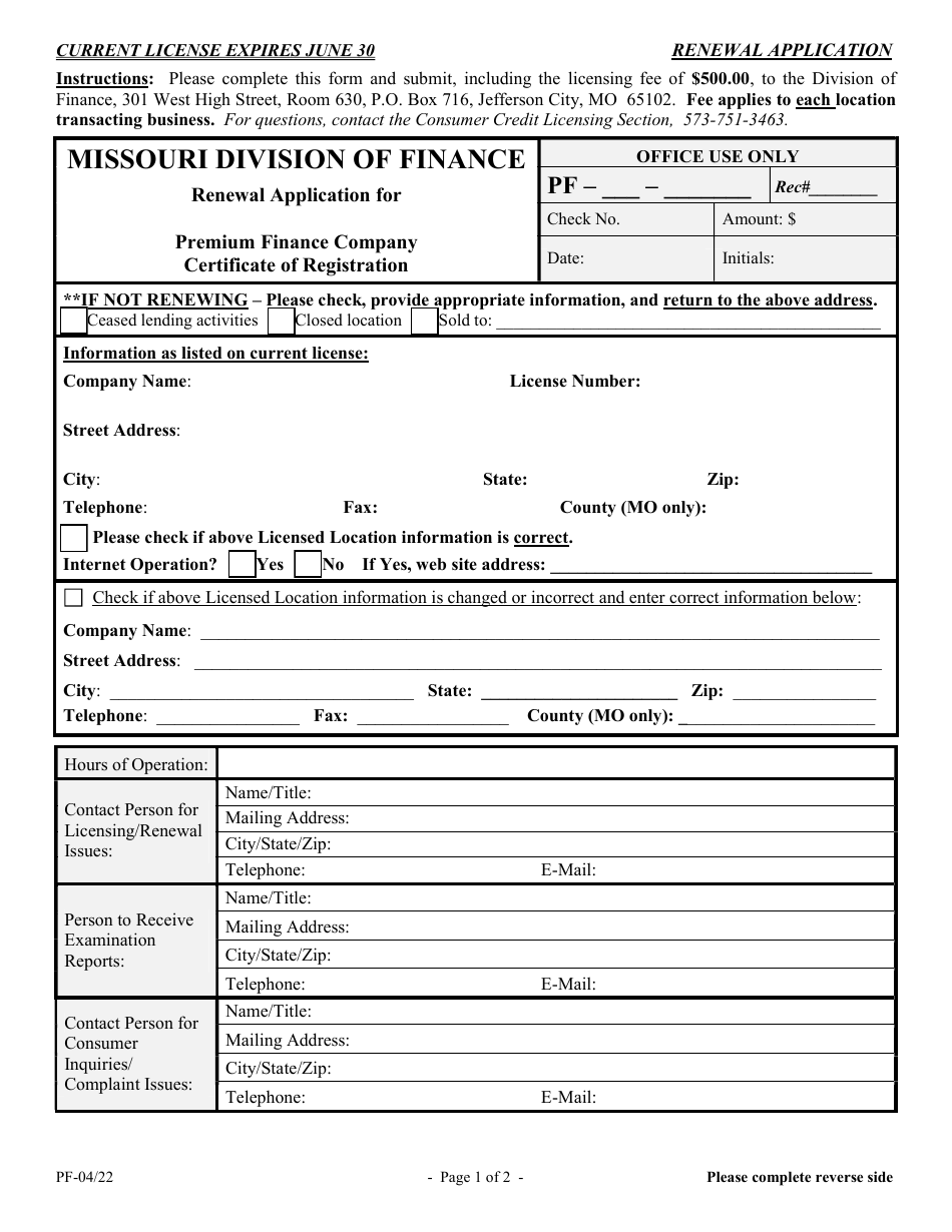 Renewal Application for Premium Finance Company Certificate of Registration - Missouri, Page 2