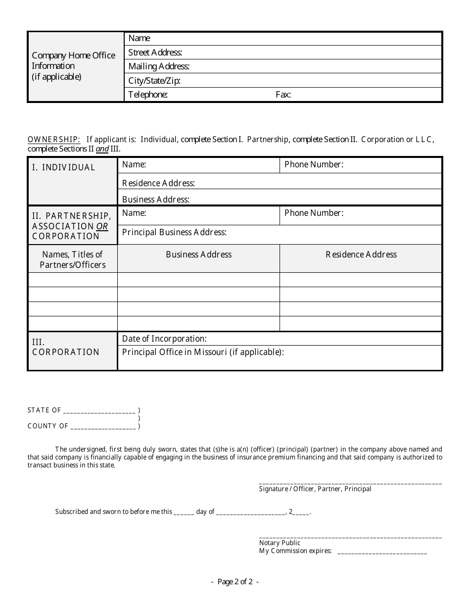 Renewal Application for Premium Finance Company Certificate of Registration - Missouri, Page 3