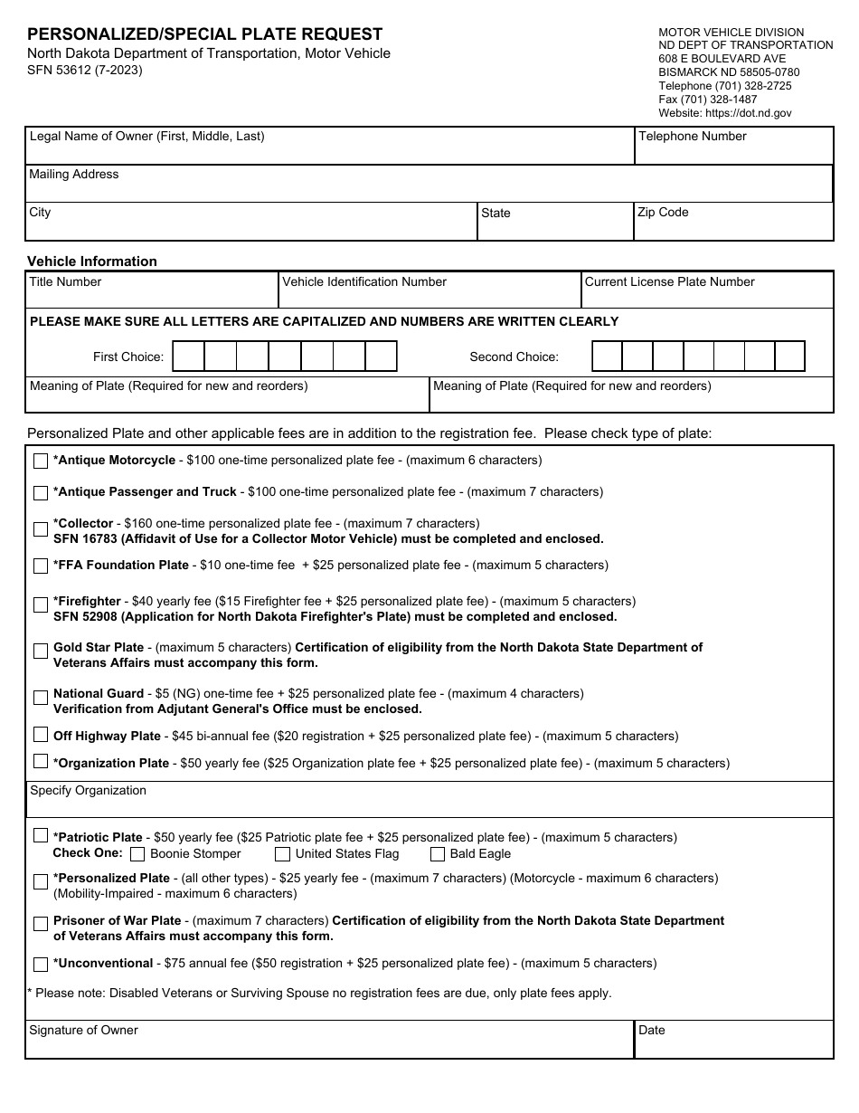 Form SFN53612 Personalized / Special Plate Request - North Dakota, Page 1