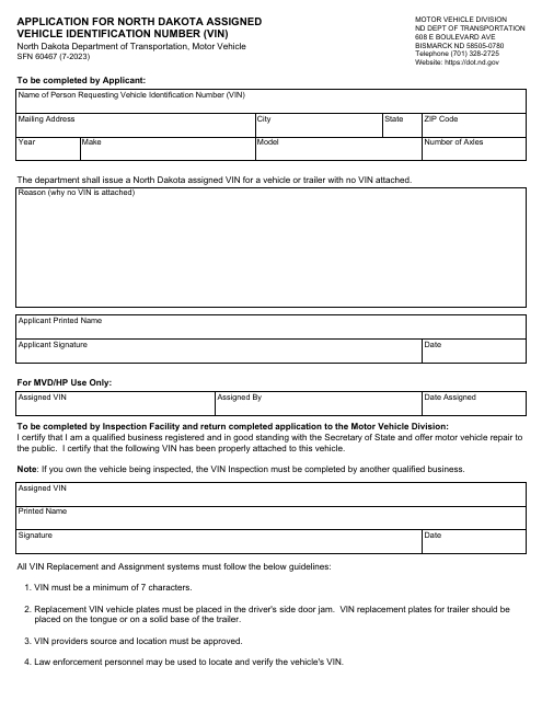 Form SFN60467 Application for North Dakota Assigned Vehicle Identification Number (Vin) - North Dakota