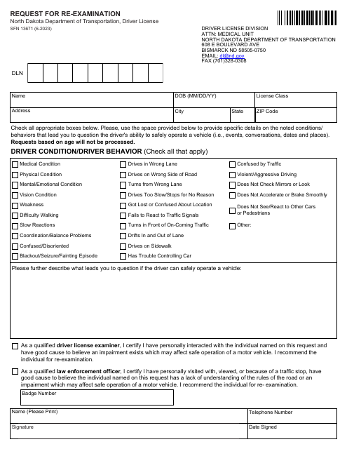 Form SFN13671 Request for Re-examination - North Dakota