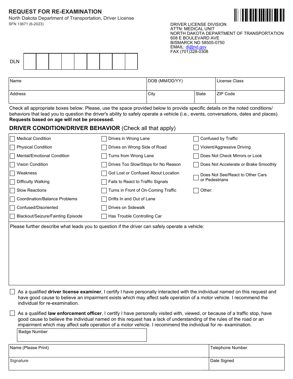 Form SFN13671 Request for Re-examination - North Dakota, Page 1
