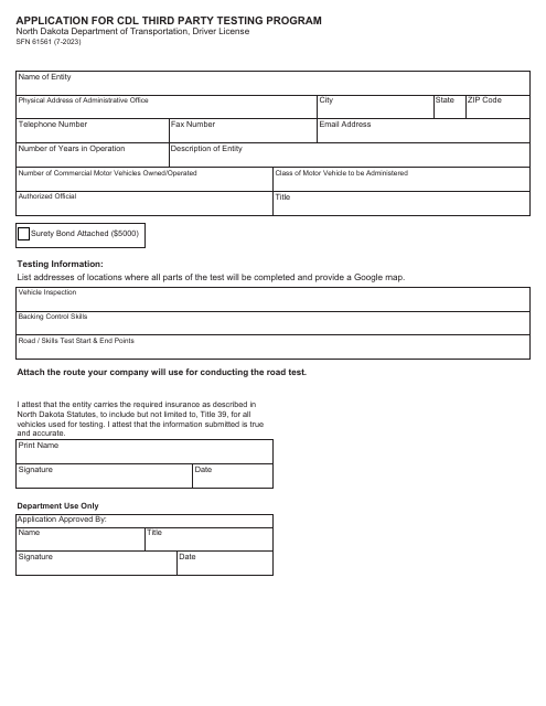 Form SFN61561 Application for Cdl Third Party Testing Program - North Dakota