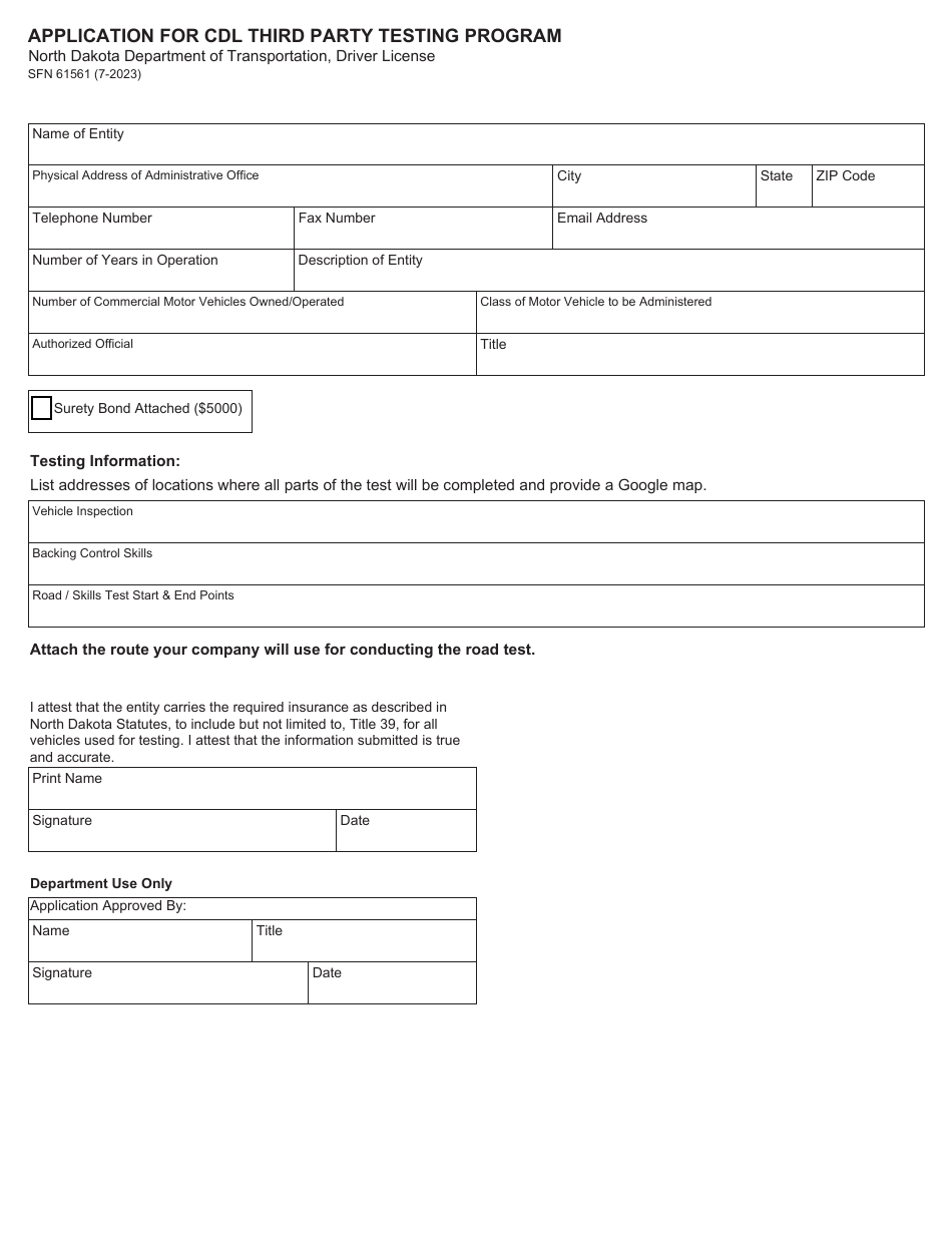 Form SFN61561 Application for Cdl Third Party Testing Program - North Dakota, Page 1