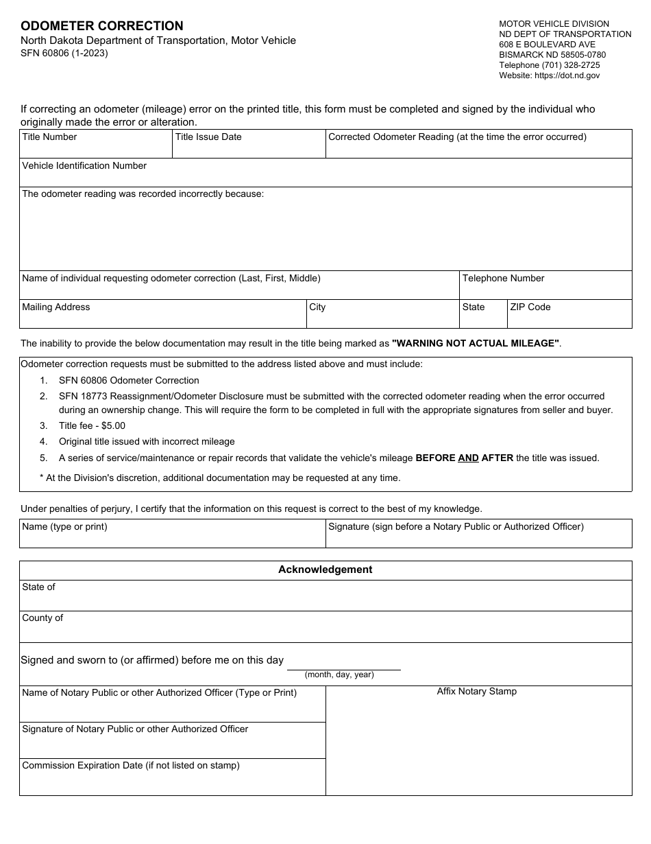 Form SFN60806 Odometer Correction - North Dakota, Page 1