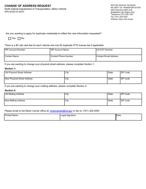Form SFN62320 Change of Address Request - North Dakota