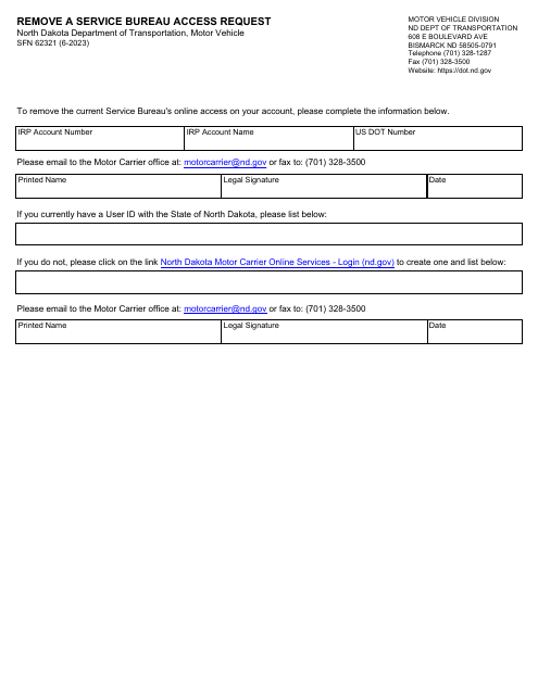 Form SFN62321 Remove a Service Bureau Access Request - North Dakota