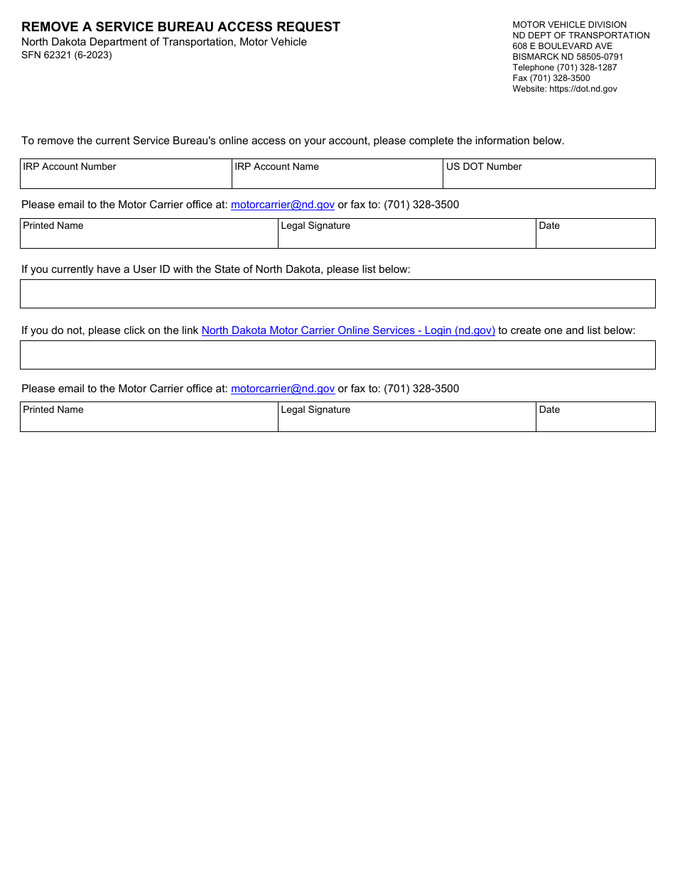 Form SFN62321 Remove a Service Bureau Access Request - North Dakota, Page 1