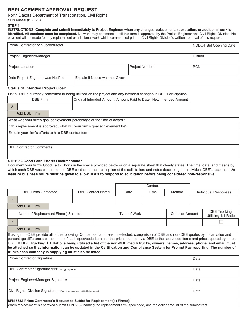 Form SFN60595 Replacement Approval Request - North Dakota, Page 1