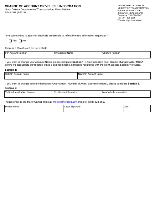 Form SFN62319 Change of Account or Vehicle Information - North Dakota