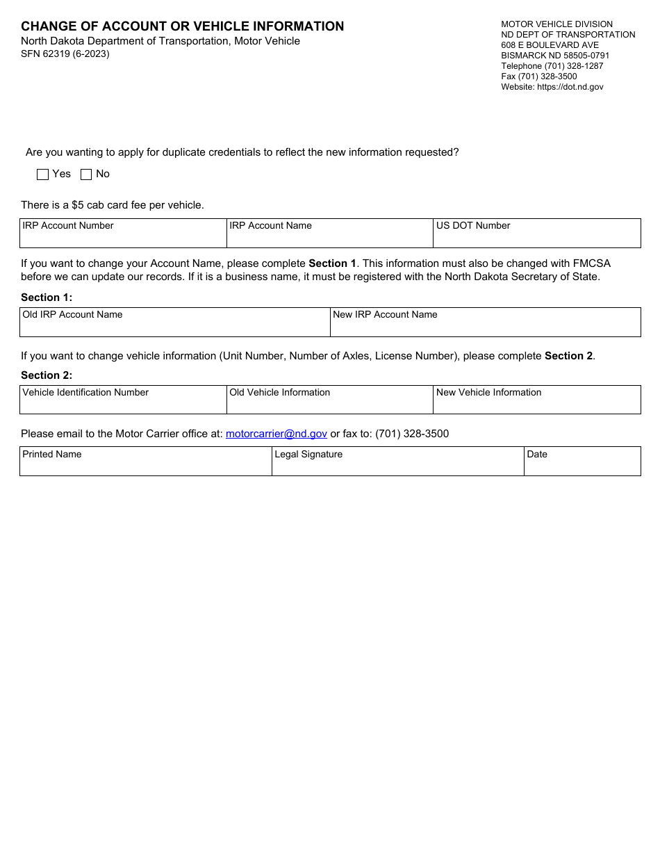 Form SFN62319 Change of Account or Vehicle Information - North Dakota, Page 1