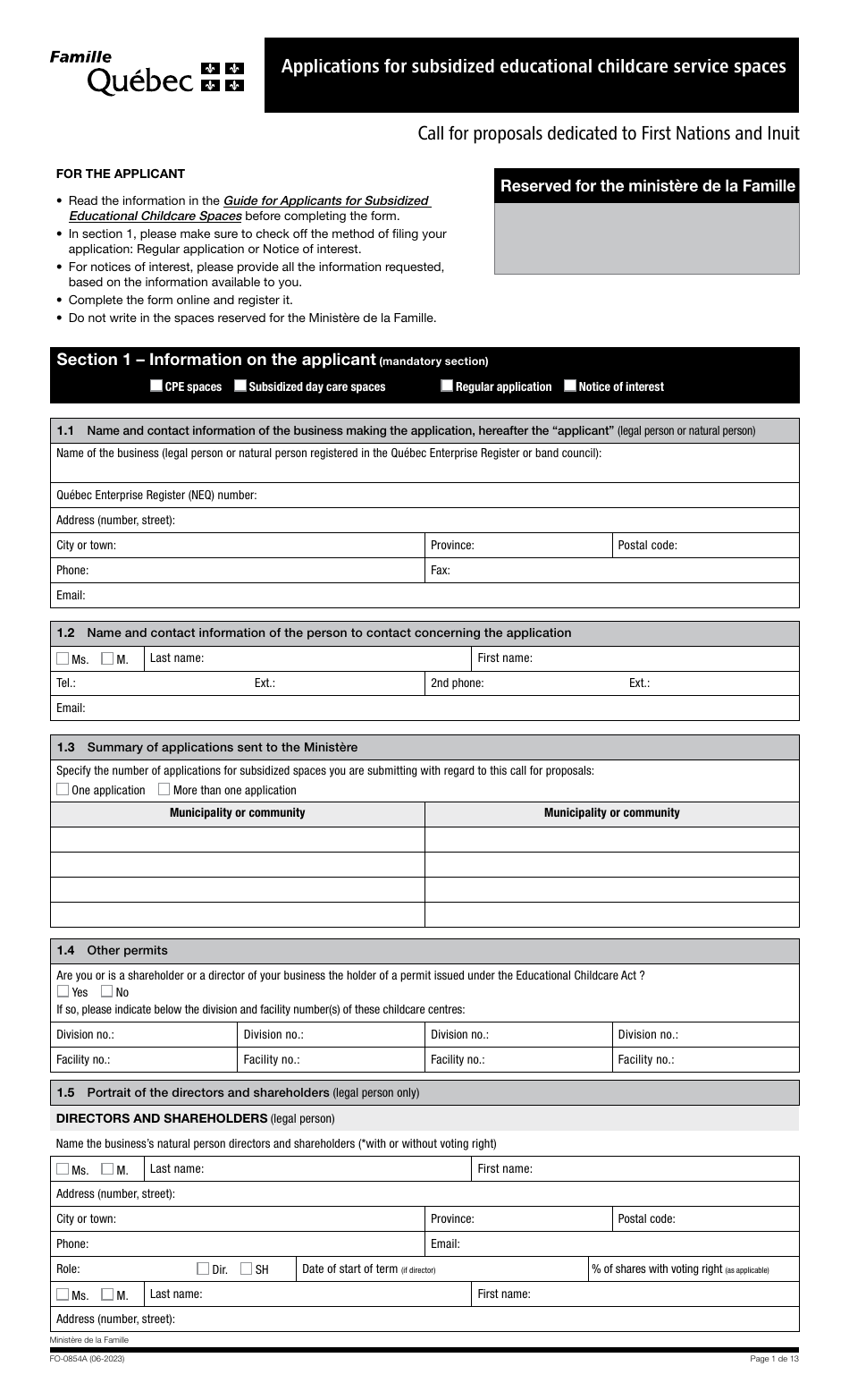 Form FO-0854A Applications for Subsidized Educational Childcare Service Spaces - Quebec, Canada, Page 1